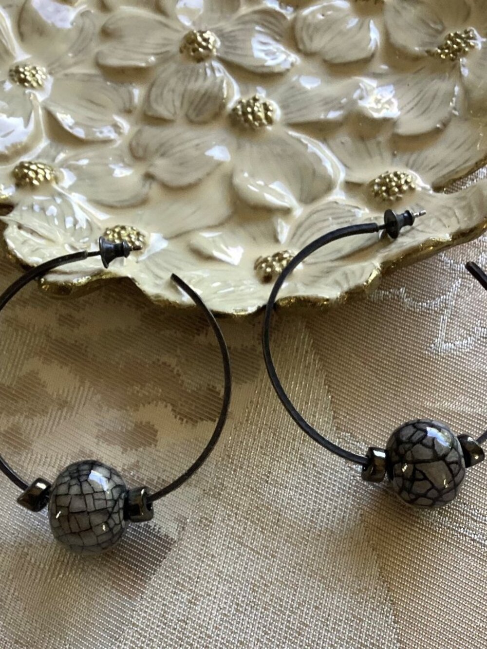 Handmade, artisan black hammered metal beaded hoops, 2 in.